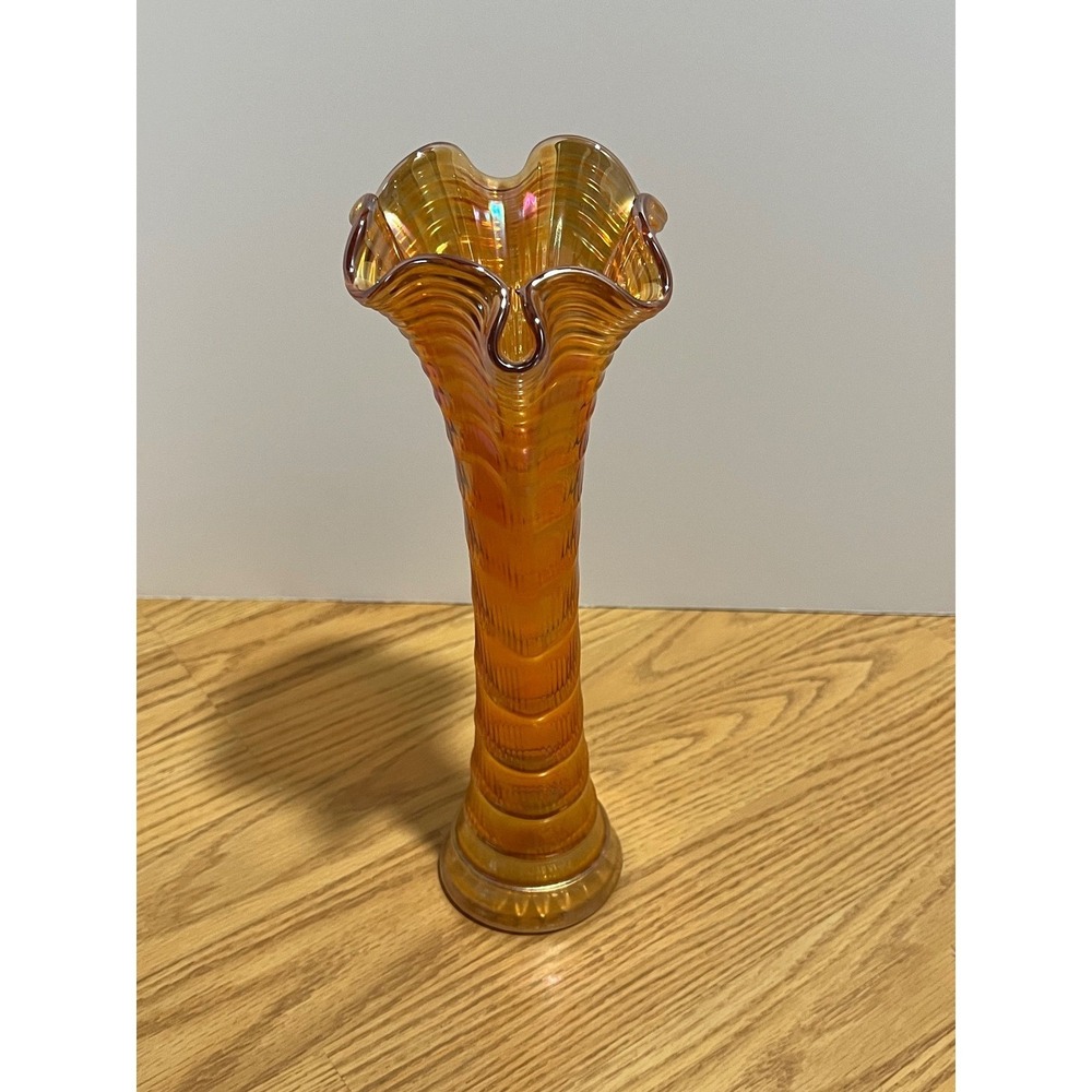 Fenton Marigold Carnival Glass Ripple Pattern Ruffled Swung Vase Iridescent 10"